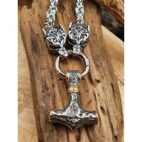 Massive Edelstahl Halskette Thors Hammer mit Fenris Wolf, verziert mit Wolfsklauen - Farbe silber & gold - 60 cm