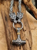 Massive Edelstahl Halskette Thors Hammer mit Fenris Wolf, verziert mit Wolfsklauen - Farbe silber & gold - 60 cm