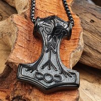 Massiver Thors Hammer Anhänger "ODIN" mit Halskette aus Edelstahl - Farbe Schwarz - 60 cm