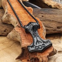 Massiver Thors Hammer Anhänger "ODIN" mit Halskette aus Edelstahl - Farbe Schwarz - 60 cm