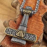 Thors Hammer Anhänger "ADALWIN" mit Halskette aus Edelstahl - Gold & Silberfarbig - 60 cm