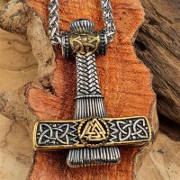 Thors Hammer Anhänger "ADALWIN" mit Halskette aus Edelstahl - Gold & Silberfarbig - 60 cm