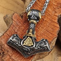 Thors Hammer Anhänger "ARIALD" mit Halskette aus Edelstahl - Gold & Silberfarbig - 60 cm