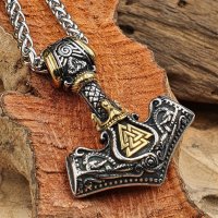 Thors Hammer Anhänger "ARIALD" mit Halskette aus Edelstahl - Gold & Silberfarbig - 60 cm