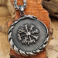 Midgardschlange Amulett Anhänger Halskette, verziert mit einem Vegvisir und Wotansknoten aus Edelstahl - 60 cm