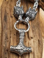Massive Edelstahl Halskette Thors Hammer mit Fenris Wolf...