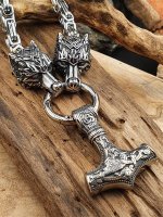 Massive Edelstahl Halskette Thors Hammer mit Fenris Wolf verziert mit der Othala Rune - Farbe Silber - 60 cm