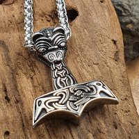 Thors Hammer Edestahl Halskette verziert mit Wolfskopf -...