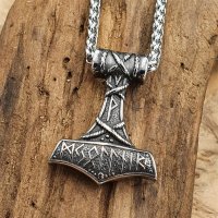 Thors Hammer Halskette verziert mit Futhark aus Edelstahl - 60 cm