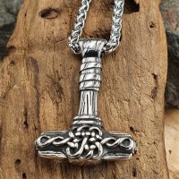 Thors Hammer Halskette verziert mit Keltischen Knoten aus Edelstahl Silberfarbig - 60 cm