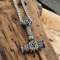 Thors Hammer Halskette verziert mit einem Valknut aus Edelstahl - 60 cm