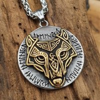Wolfskopf Halskette verziert mit Runen Silber,...
