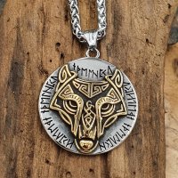 Wolfskopf Halskette verziert mit Runen Silber,...