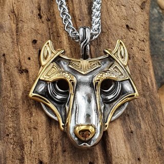 Silber, Goldfarbend Wolfskopf Anhänger "DANKMAR" Halskette aus Edelstahl 60 cm