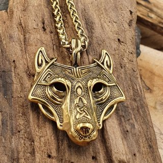 Goldfarbender Wolfskopf Anhänger "FALKO" Halskette aus Edelstahl 60 cm