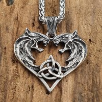 Liebende Wölfe Anhänger verziert mit Keltischen Knoten Halskette aus Edelstahl 60 cm