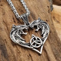 Liebende Wölfe Anhänger verziert mit Keltischen Knoten Halskette aus Edelstahl 60 cm