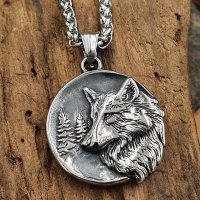 Wolf im Wald Schmuck Amulett aus Edelstahl 60 cm