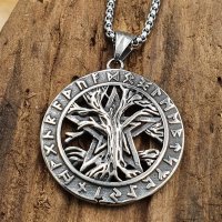 Yggdrasil Amulett verziert mit Runen aus Edelstahl 60 cm