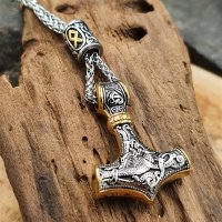 Silber, Goldfarbender Thors Hammer Anhänger mit Perle Halskette aus Edelstahl - 60 cm