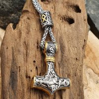 Silber, Goldfarbender Thors Hammer Anhänger mit Perle Halskette aus Edelstahl - 60 cm