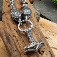 Massive eckige Edelstahl Königskette Thors Hammer mit Odin Raben - 60 cm