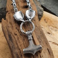 Massive eckige Edelstahl Königskette Thors Hammer mit Odin Raben - 60 cm