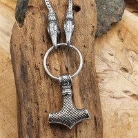 Wikingerkette aus Edelstahl mit Thors Hammer mit Odin Raben - 60 cm