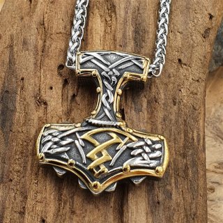 Silber, Goldfarbender Thors Hammer Anhänger Halskette aus Edelstahl - 60 cm