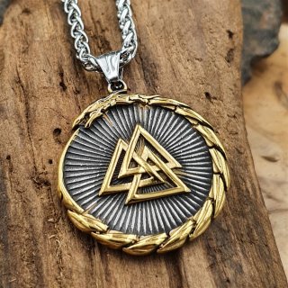 Silber, Goldfarbende Midgardschlange Amulett Anhänger Halskette, verziert mit einem Vegvisir und Wotansknoten aus Edelstahl - 60 cm