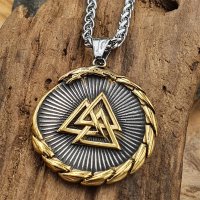 Silber, Goldfarbende Midgardschlange Amulett Anhänger Halskette, verziert mit einem Vegvisir und Wotansknoten aus Edelstahl - 60 cm