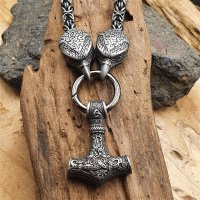 Massive Edelstahl Halskette "FARMAN" mit Rabenköpfen und Thors Hammer - 60 cm