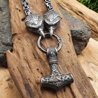 Massive Edelstahl Halskette "AIDE" mit Rabenköpfen und Thors Hammer - 60 cm