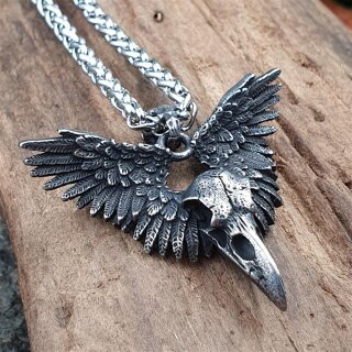 Rabenschädel mit Flügel Anhänger und Halskette aus edelstahl - 60 cm
