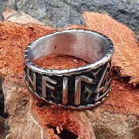 Futhark Runen Ring "WOTAN" verziert mit einem Valknut aus Edelstahl 68 (21,6) / 12 US