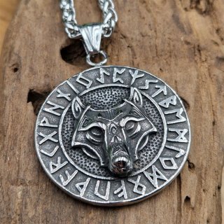 Wolf verziert mit Runen Anhänger und Kette aus Edelstahl - 60 cm