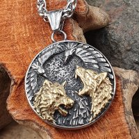 Silber/Goldfabender Wolf Anhänger und Kette aus Edelstahl - 60 cm