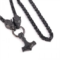 Massive Edelstahl Halskette Thors Hammer mit Fenris Wolf - Farbe Schwarz - 60 cm