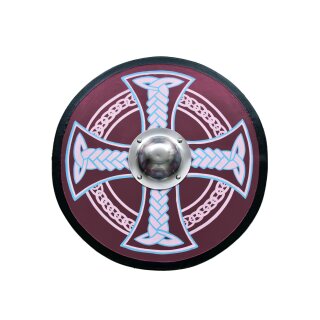 Viking Round Shield “KJARTAN” in Wood – Hand-Painted Celtic Cross and Knotwork
