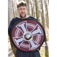 Viking Round Shield “KJARTAN” in Wood – Hand-Painted Celtic Cross and Knotwork