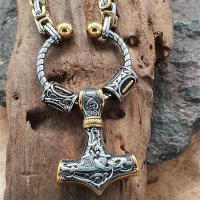 Massive Edelstahl Wikinger Halskette Thors Hammer mit Futhark Runen - Silber/Goldfarbig - 60 cm