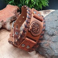 Wikinger Kunstleder Armband mit einer Midgardsschlange und Vegvisir aus einer Zinklegierung