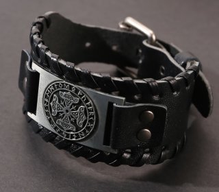 Wikinger Kunstleder Armband mit einem Keltischen Kreuz und Runen aus einer Zinklegierung