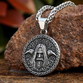 Edelstahl Halskette Odin Anhänger verziert mit Hugin und Munin - 60 cm