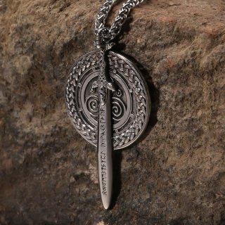 Runenschwert Anhänger mit Schild Halskette aus Edelstahl - 60 cm