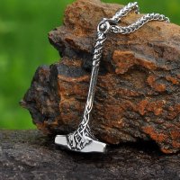 Thors Hammer Anhänger mit Wikinger verzierungen Halskette aus Edelstahl - 60 cm