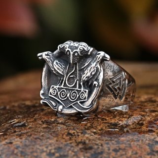 Thors Hammer Ring mit Hugin und Munin aus Edelstahl