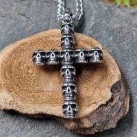 Kreuz Anhänger mit Totenköpfen Halskette aus Edelstahl - 60 cm