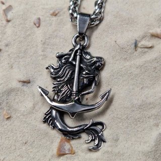 Meerjungfrauen Anhänger verziert mit einem Anker Halskette aus Edelstahl - 60 cm