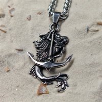 Meerjungfrauen Anhänger verziert mit einem Anker Halskette aus Edelstahl - 60 cm